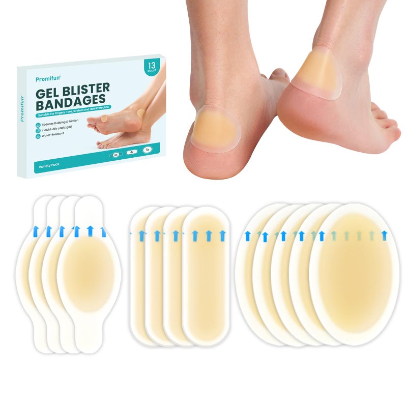 Promifun Hydrocolloid Gel Blister Bandages Pads - Promifun Waterproof Adhesive Blisters Bandages - Blister Pads for Heel, Foot, Toe, Feet - Gel Blister Chshions for Prevention & Recovery (13ct, Variety Pack) - Image 1