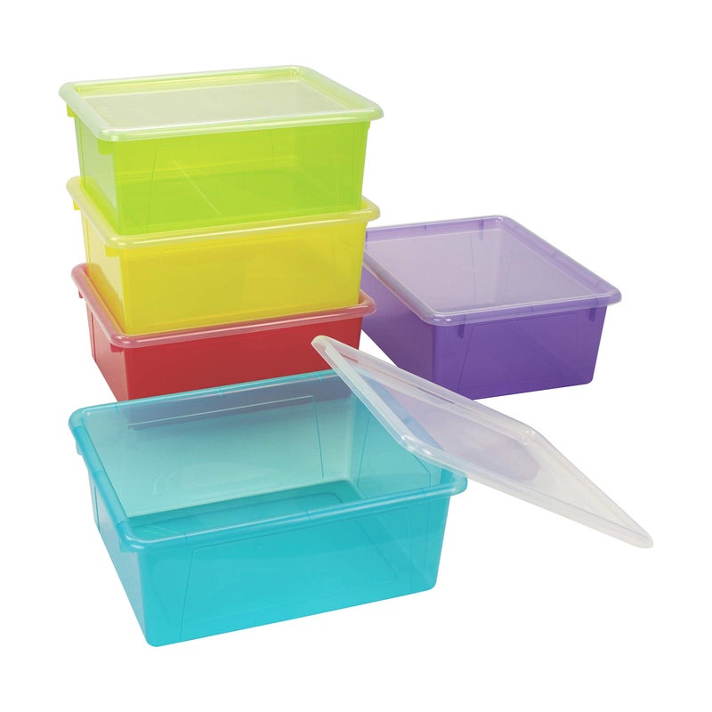 Storex Letter Size Deep Storage Tray â€“ Organizer Bin with Non-Snap Lid for Classroom, Office and Home, Assorted Tints, 5-Pack (62550A05C) - Image 3