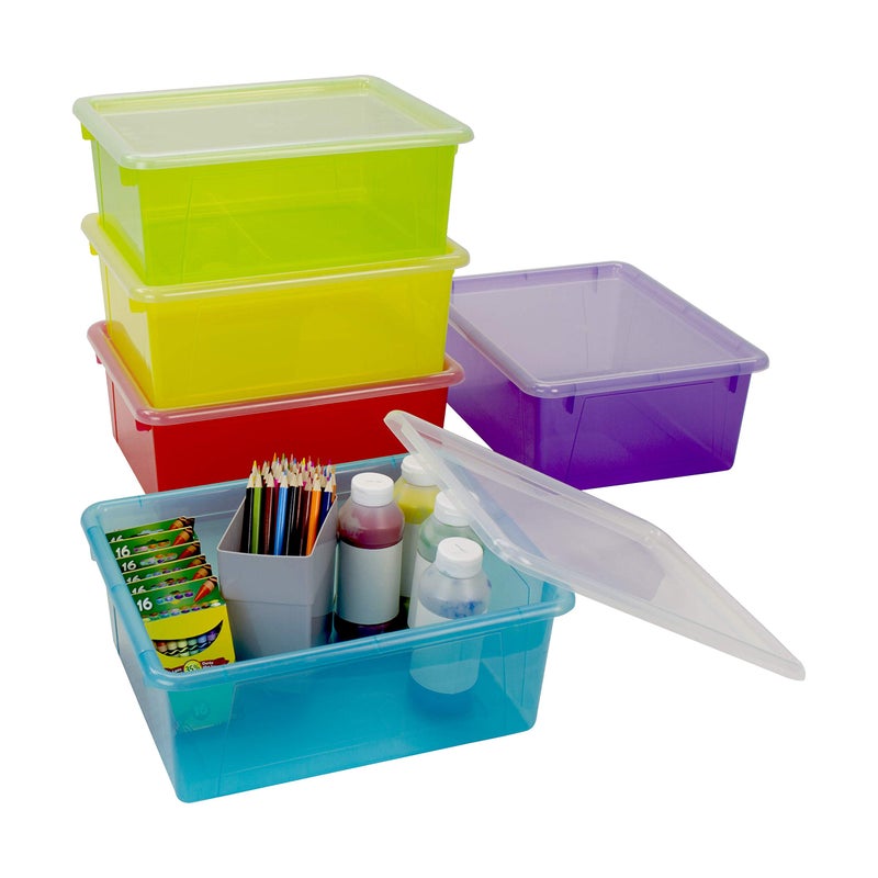 Storex Letter Size Deep Storage Tray â€“ Organizer Bin with Non-Snap Lid for Classroom, Office and Home, Assorted Tints, 5-Pack (62550A05C) - Image 1