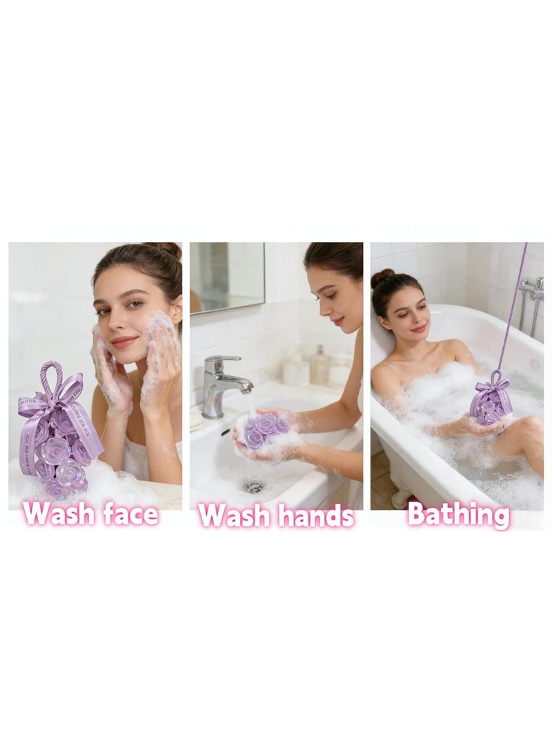 صابون ورد بنفسجي مع حبل للتعليق، صابون استحمام يدوي بتصميم زهرة أنيق، صابون معطر لتنظيف الجسم، ديكور حمام وهدية جميلة للنساء - Image 3