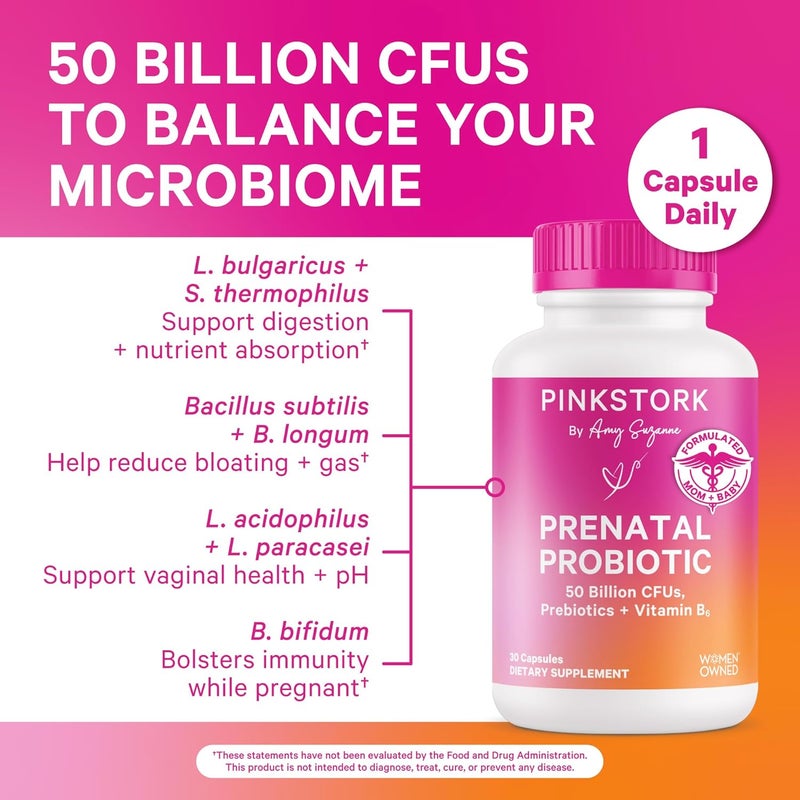 Pink Stork Prenatal Probiotics for Women  50 Billion CFU Vitamin B6 Prebiotics Morning Sickness Gut Microbiome Pregnancy Probiotic Immune Support Pregnancy Must Haves  30 Capsules - Image 2