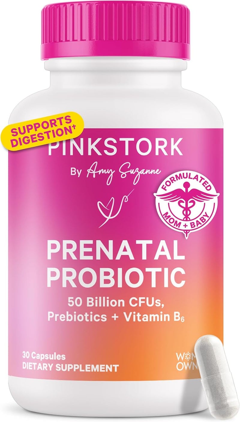 Pink Stork Prenatal Probiotics for Women  50 Billion CFU Vitamin B6 Prebiotics Morning Sickness Gut Microbiome Pregnancy Probiotic Immune Support Pregnancy Must Haves  30 Capsules - Image 1