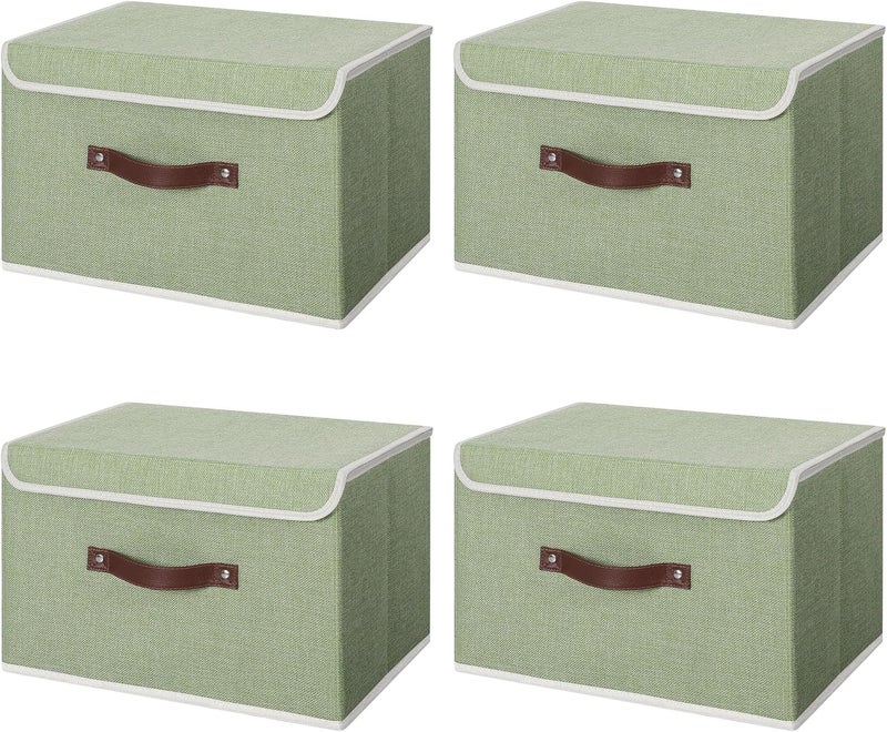 ANMINY 4PCS Storage Bins with Lid PU Leather Handles Storage Boxes PP Plastic Board Decorative Foldable Lidded Cotton Linen Fabric Home Cubes Baskets Closet Organizer Containers - Green, Large Size - Image 1