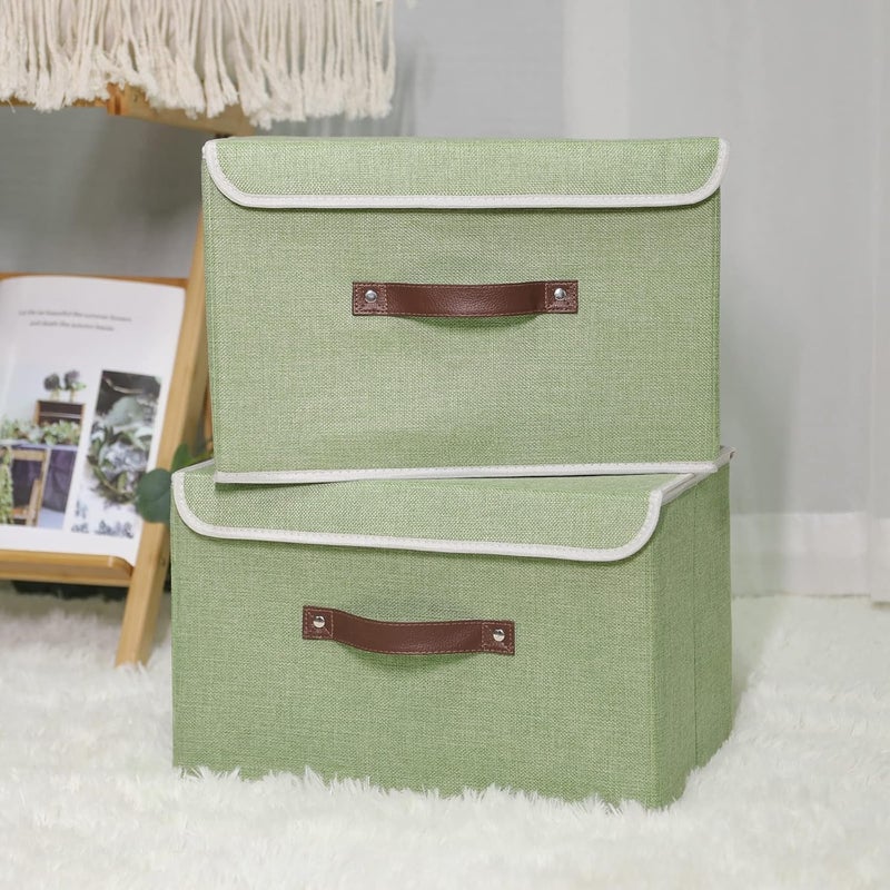ANMINY 4PCS Storage Bins with Lid PU Leather Handles Storage Boxes PP Plastic Board Decorative Foldable Lidded Cotton Linen Fabric Home Cubes Baskets Closet Organizer Containers - Green, Large Size - Image 2