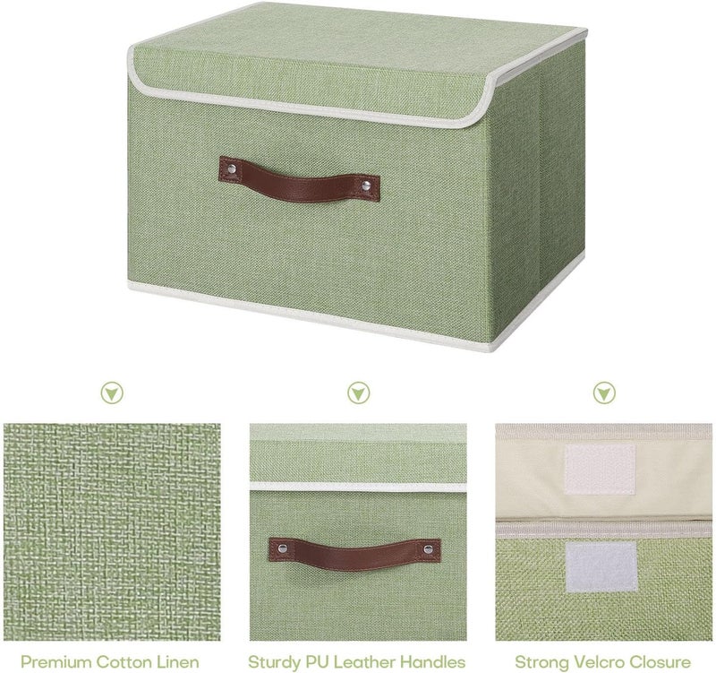ANMINY 4PCS Storage Bins with Lid PU Leather Handles Storage Boxes PP Plastic Board Decorative Foldable Lidded Cotton Linen Fabric Home Cubes Baskets Closet Organizer Containers - Green, Large Size - Image 3