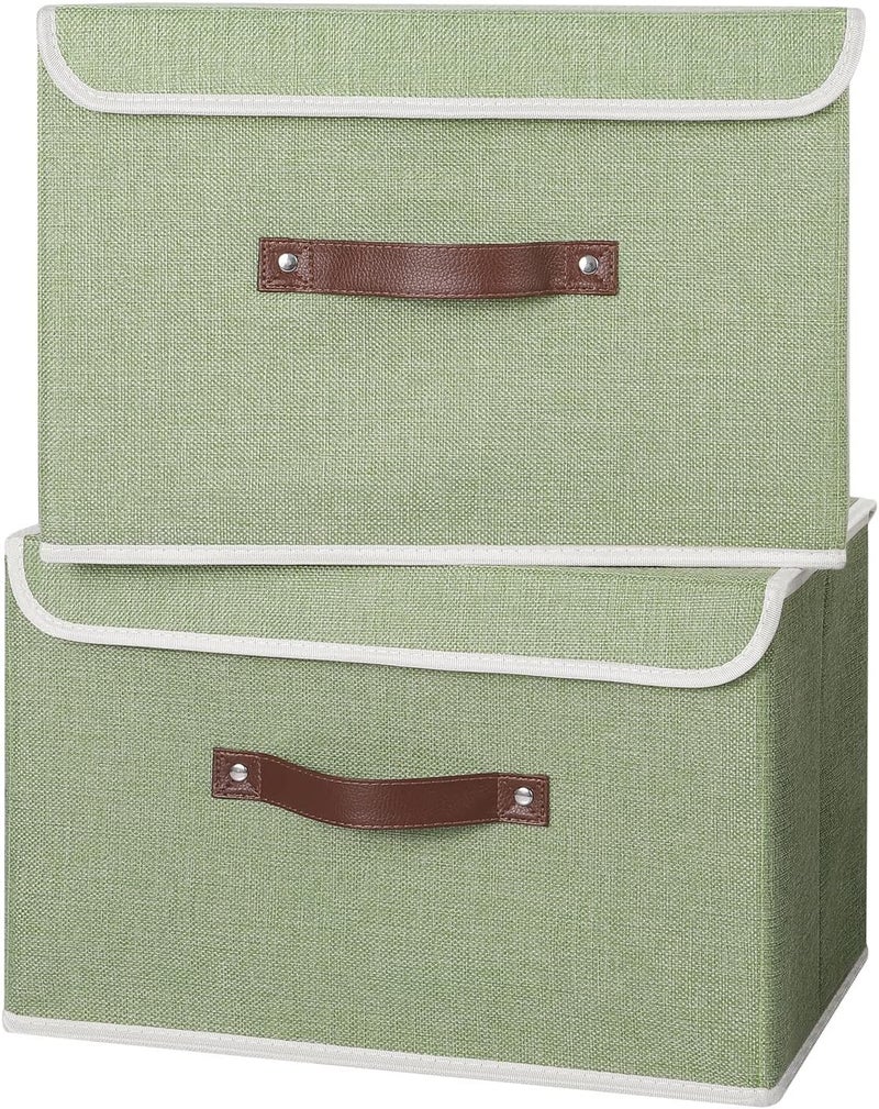 ANMINY 4PCS Storage Bins with Lid PU Leather Handles Storage Boxes PP Plastic Board Decorative Foldable Lidded Cotton Linen Fabric Home Cubes Baskets Closet Organizer Containers - Green, Large Size - Image 5