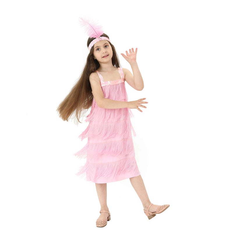 Leadtex Girls 20s Flapper Dresses Costume Dress Childrens Party Fringed Dresses with Feather HeadbandSize S46Pink - Image 3