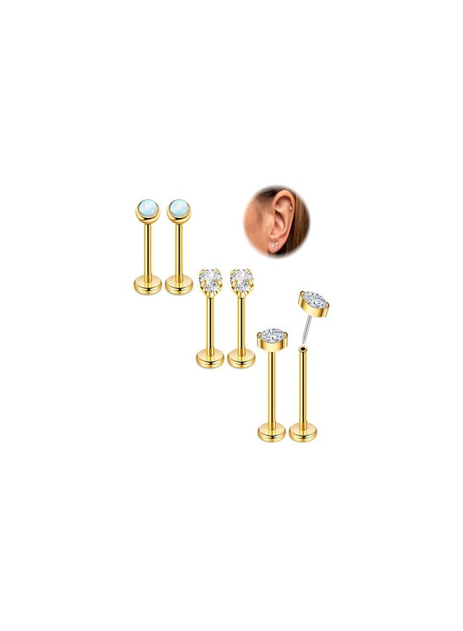 Masedy 3Pairs 18G G23 Titanium Threadless Earrings for Women Push in Cartilage Helix Tragus Stud Earring CZ Opal Flat Back Earrings Lip Labret Monroe Nostril Studs Piercing Jewelry Gold - Image 1