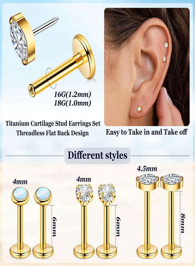 Masedy 3Pairs 18G G23 Titanium Threadless Earrings for Women Push in Cartilage Helix Tragus Stud Earring CZ Opal Flat Back Earrings Lip Labret Monroe Nostril Studs Piercing Jewelry Gold - Image 2