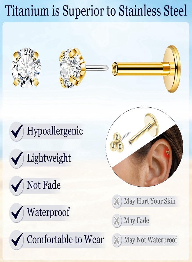Masedy 3Pairs 18G G23 Titanium Threadless Earrings for Women Push in Cartilage Helix Tragus Stud Earring CZ Opal Flat Back Earrings Lip Labret Monroe Nostril Studs Piercing Jewelry Gold - Image 3
