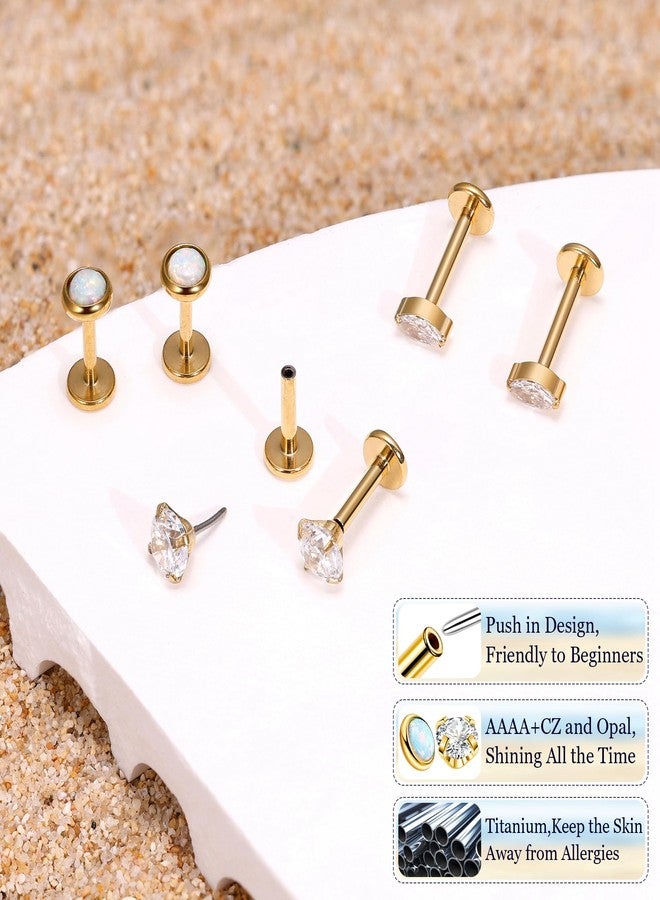 Masedy 3Pairs 18G G23 Titanium Threadless Earrings for Women Push in Cartilage Helix Tragus Stud Earring CZ Opal Flat Back Earrings Lip Labret Monroe Nostril Studs Piercing Jewelry Gold - Image 4