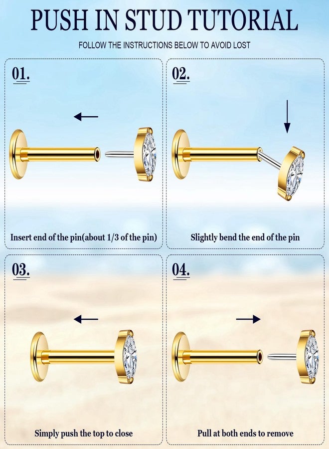 Masedy 3Pairs 18G G23 Titanium Threadless Earrings for Women Push in Cartilage Helix Tragus Stud Earring CZ Opal Flat Back Earrings Lip Labret Monroe Nostril Studs Piercing Jewelry Gold - Image 5