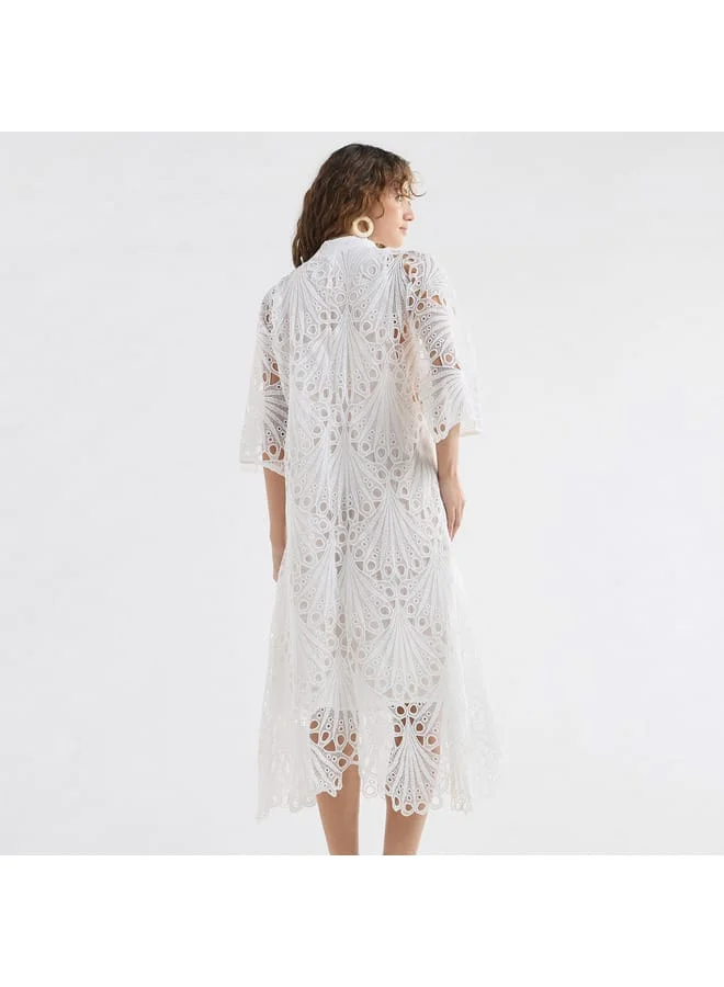 Splash FAV Lace Detail A-Line Dress with High Neck and Short Sleeves