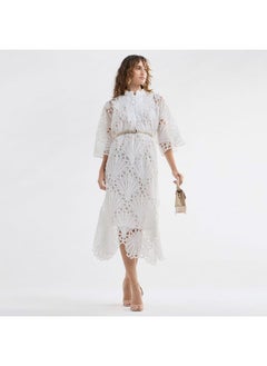 FAV Lace Detail A-Line Dress with High Neck and Short Sleeves  - Image 2