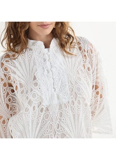 FAV Lace Detail A-Line Dress with High Neck and Short Sleeves  - Image 4