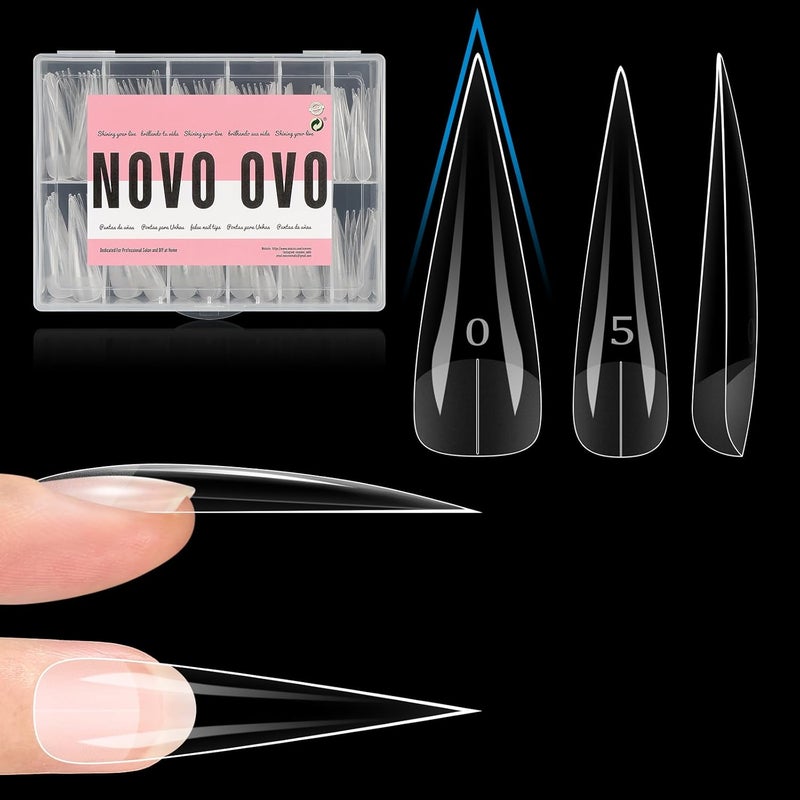XXL Straight Sharp Stiletto Natural (not sculpted) Nail Tips Press on Natural Curve (Normal Thick) Pointed Extra Long Soft Gel Fake Nail Extension, Full Cover for Acrylic x 12 Sizes 240 pcs