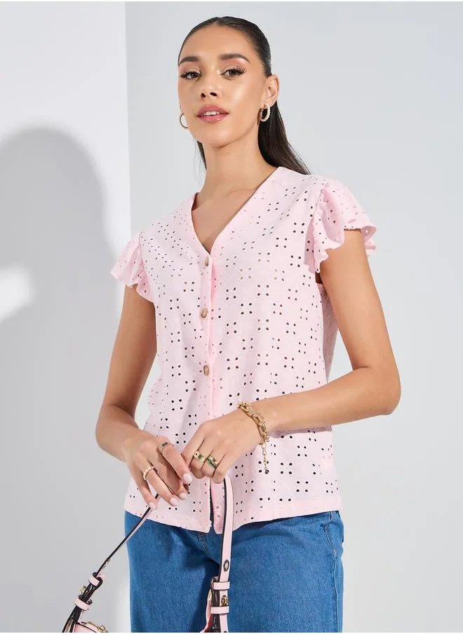 Styli V Neck Buttoned Schiffli Top with Ruffled Sleeves