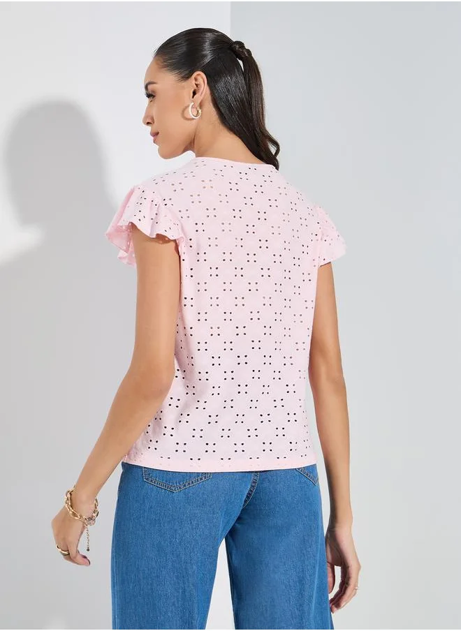 Styli V Neck Buttoned Schiffli Top with Ruffled Sleeves
