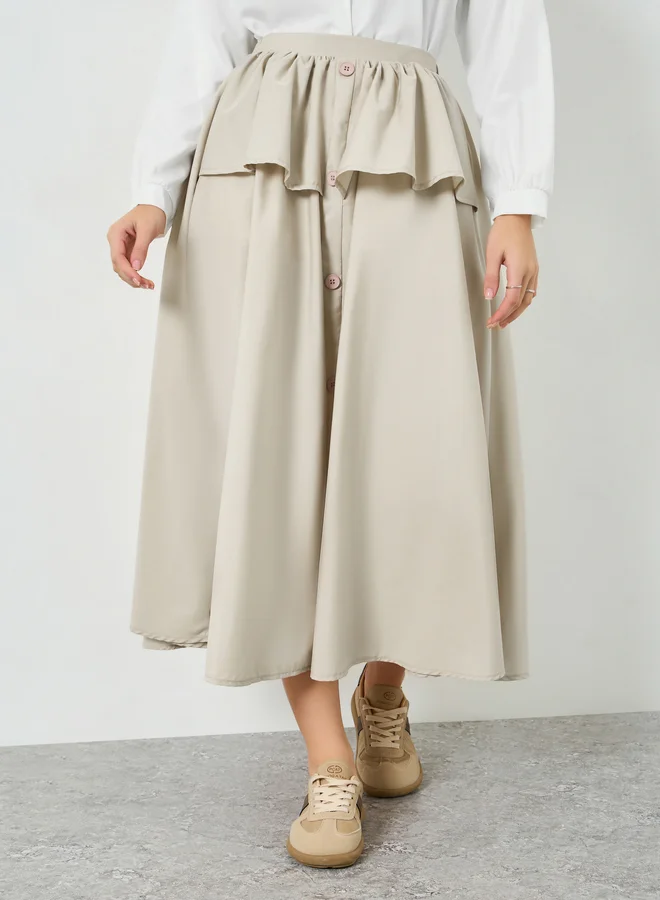 Take Two Beige Frill Detail A-Line Midi Skirt