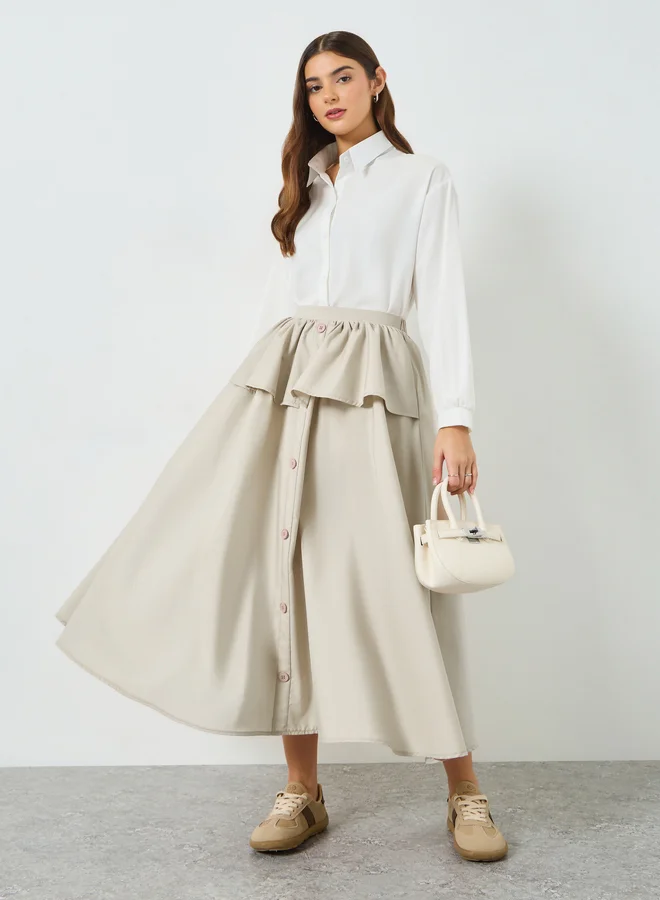 Take Two Beige Frill Detail A-Line Midi Skirt
