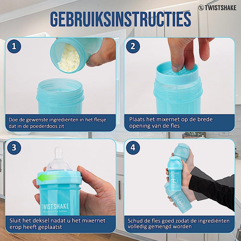 Twistshake Anti-Colic Baby Bottle with Powder Container and Mixer - 260ml | Fast Flow Silicone Breast-Like Nipple | BPA- Free Baby Milk Bottle | Comfort Feeding Experience for Babies | Pastel Blue - Image 2