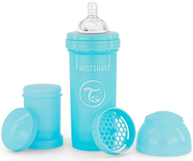 Twistshake Anti-Colic Baby Bottle with Powder Container and Mixer - 260ml | Fast Flow Silicone Breast-Like Nipple | BPA- Free Baby Milk Bottle | Comfort Feeding Experience for Babies | Pastel Blue - Image 1