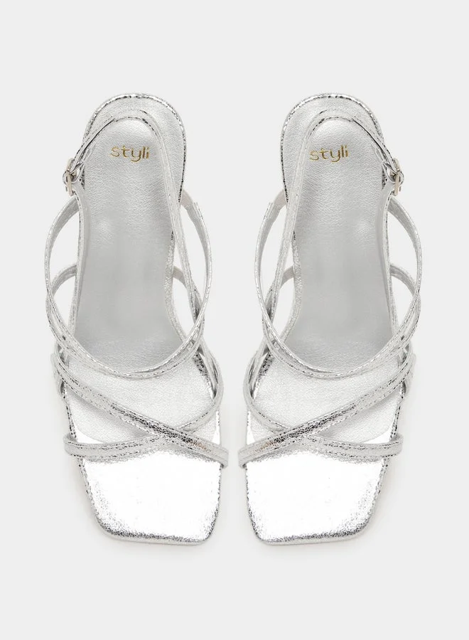 Styli  Silver Strappy Heeled Sandals for Women | Best Price UAE