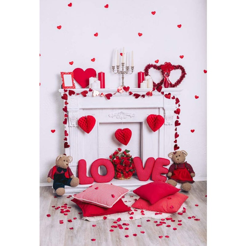 OFILA Valentines Backdrop 3x5ft Fabric Love Fireplace Backdrops Flowers Kids Valentine Pictures Photo Booth Baby Valentine Photo Shoot - Image 1