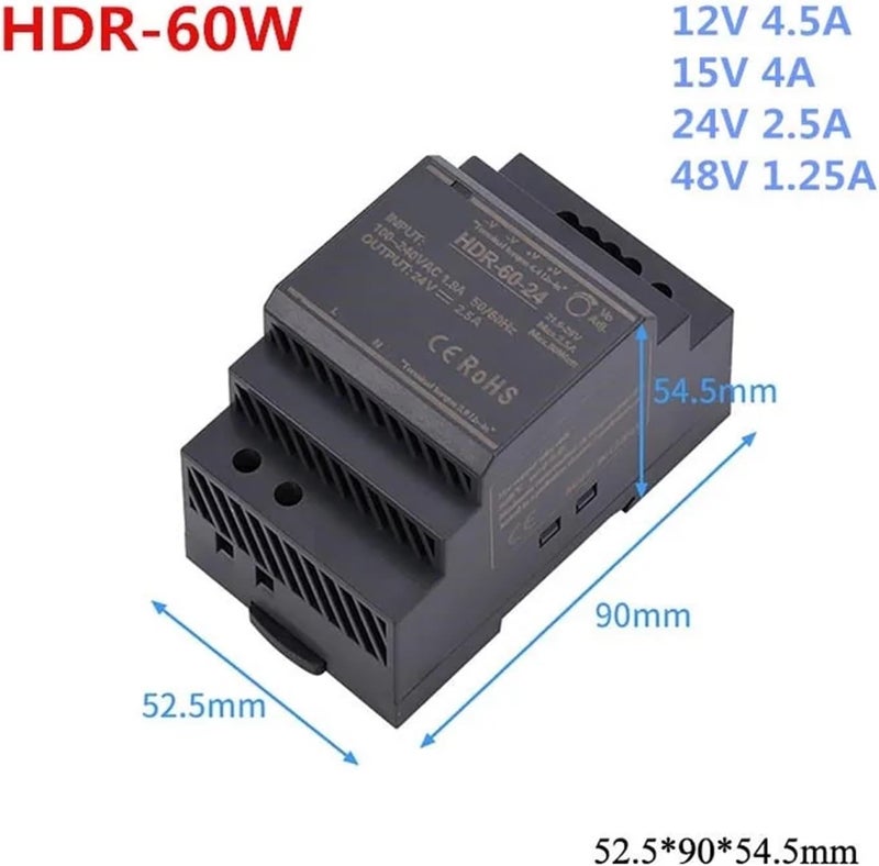 مصدر طاقة تبديلي من نوع AC-DC بقدرات 15 واط، 30 واط، 60 واط، 100 واط، وجهود 5 فولت، 12 فولت، 15 فولت، 24 فولت، 48 فولت، مُثبت على رف DIN – HDR-15W/30W/60W/100W (48V-60W) - Image 5