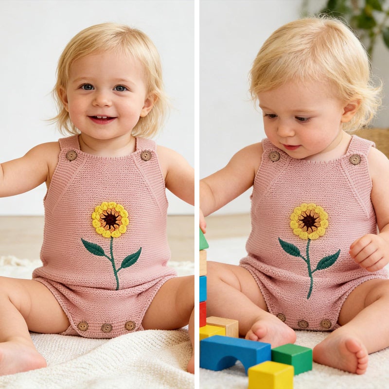 Simplee kids Baby Girl Outfits Pink Sleeveless Clothes Sunflower Knit Romper for Newborn Baby Girls 3-6 Months - Image 3