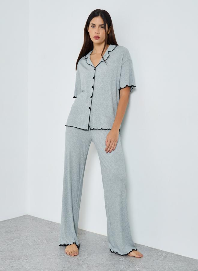 ستايلي طقم بلوزة مضلعة بحافة متموجة مع بنطال - Image 1