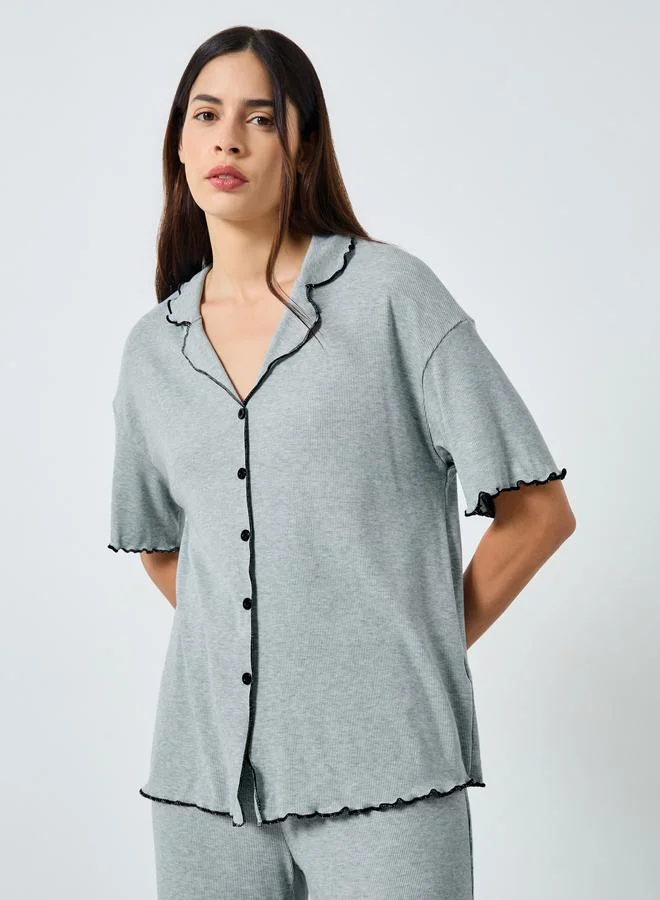 Styli Styli Supersoft Ribbed Lettuce Hem Shirt and Pyjama Set