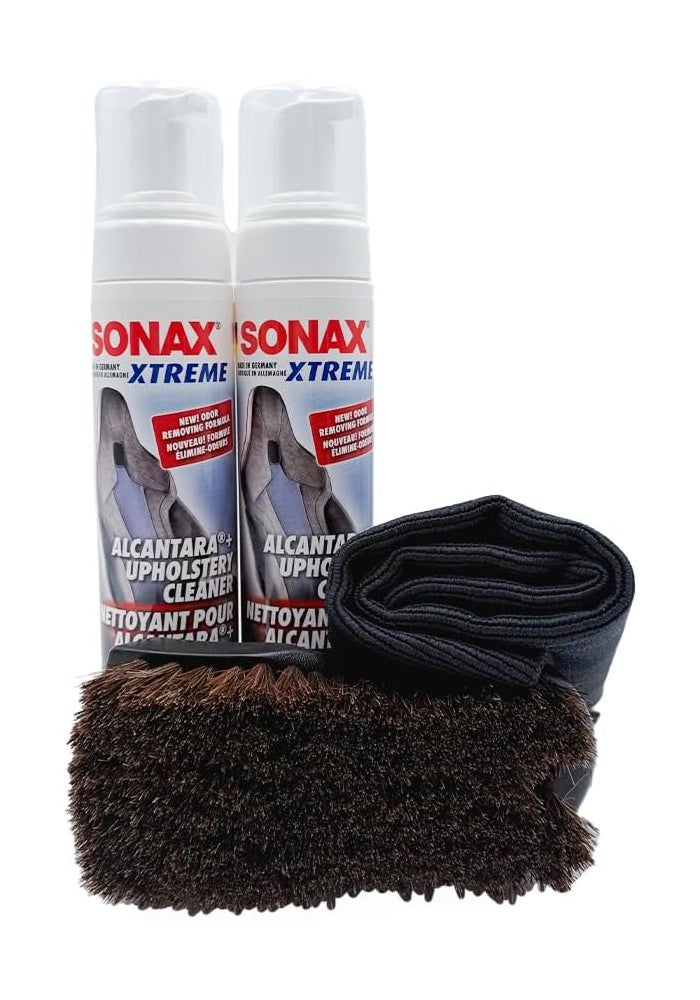 SONAX Xtreme Alcantara & Upholstery Cleaner Bundle - 2 x 250ml Bottles with Brush & Microfiber Towel - Image 1