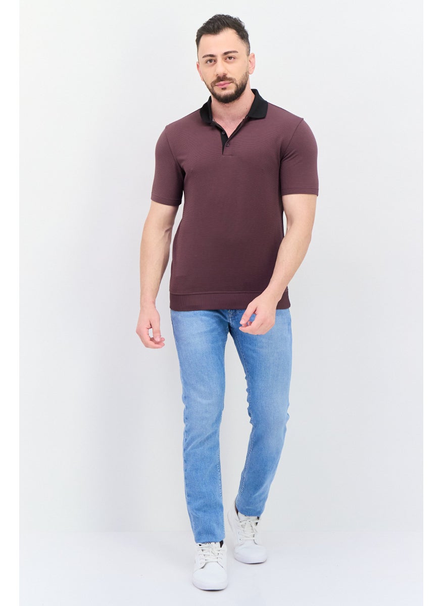 Kenneth Cole Men Regular Fit Textured Short Sleeve Polo Shirt, Mauve  - Image 4