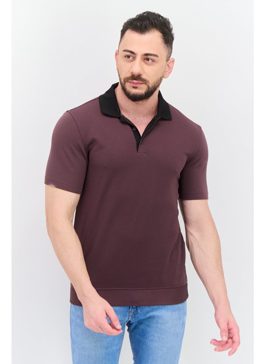 Kenneth Cole Men Regular Fit Textured Short Sleeve Polo Shirt, Mauve  - Image 1