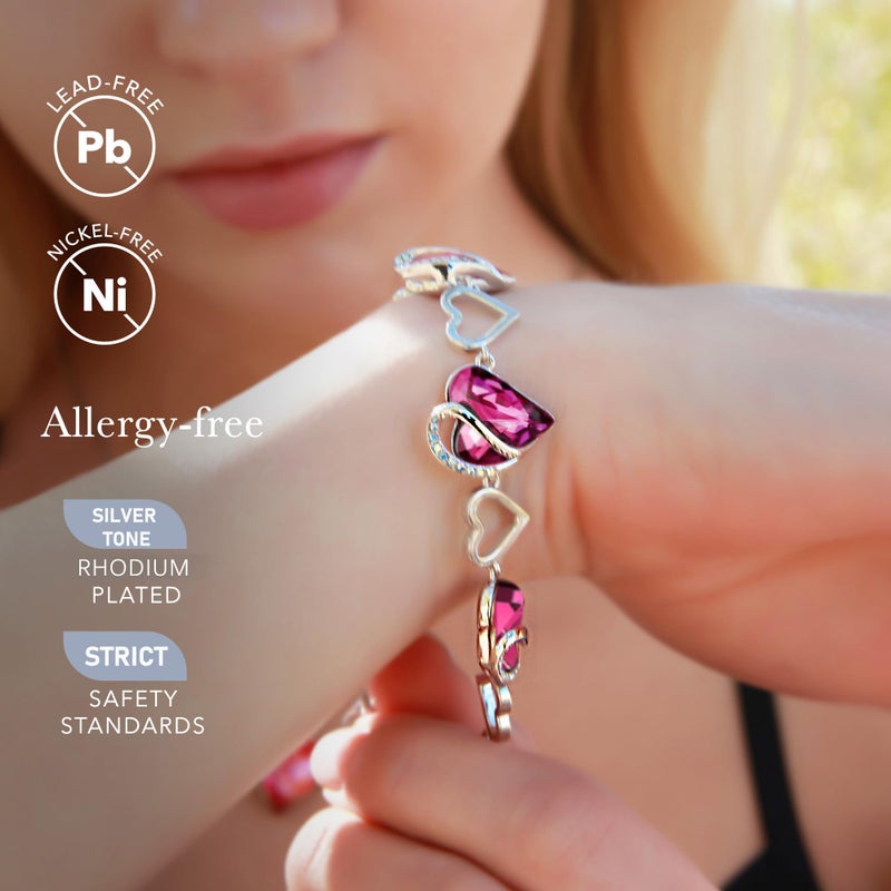 Leafael Infinity Love Heart Link Bracelets, October Birthstone Crystal Bracelet for Women, Silver Tone Jewelry Gifts for Her, Tourmaline Hot Pink, 7-inch Chain and 2-inch Extender - Image 3