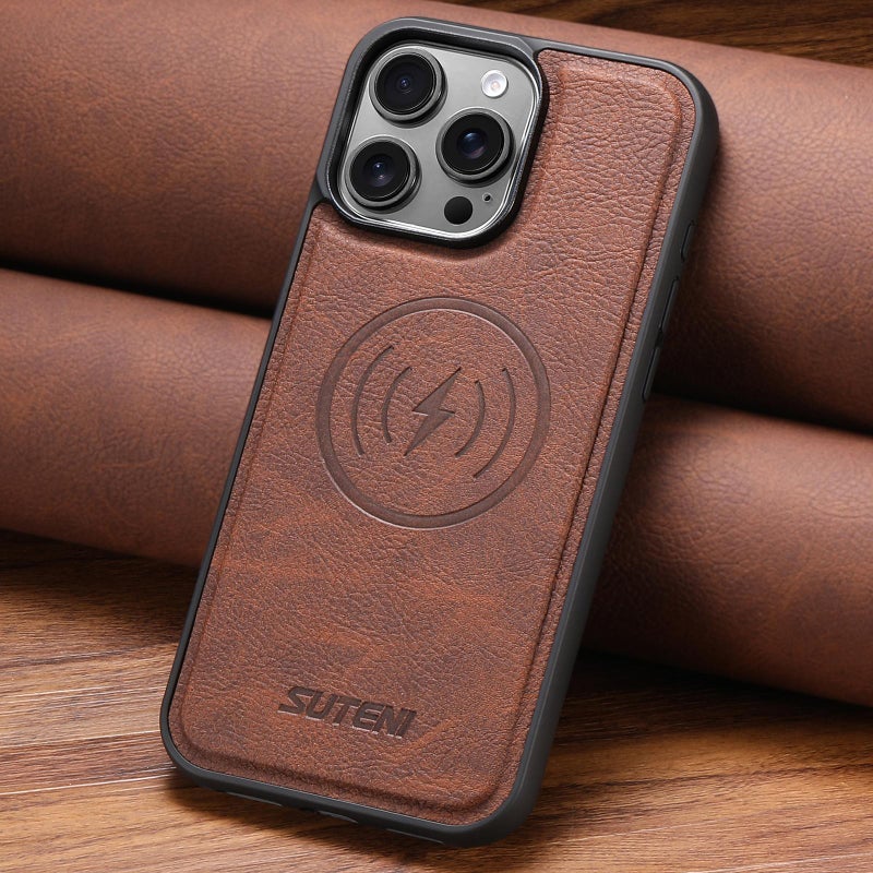Suteni For Iphone 15 G5 Litchi Leather Magnetic Magsafe Phone Case(Brown) - Image 2