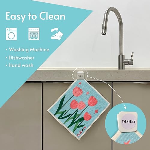 Eulnars Swedish Dishcloths, 8 Pack Reusable Paper Towels with Clips, Non-Scratch Swedish Dish Towels for Kitchen, Super Absorbent Cellulose Dish Cloths, No Odor Cleaning Rags - Image 5