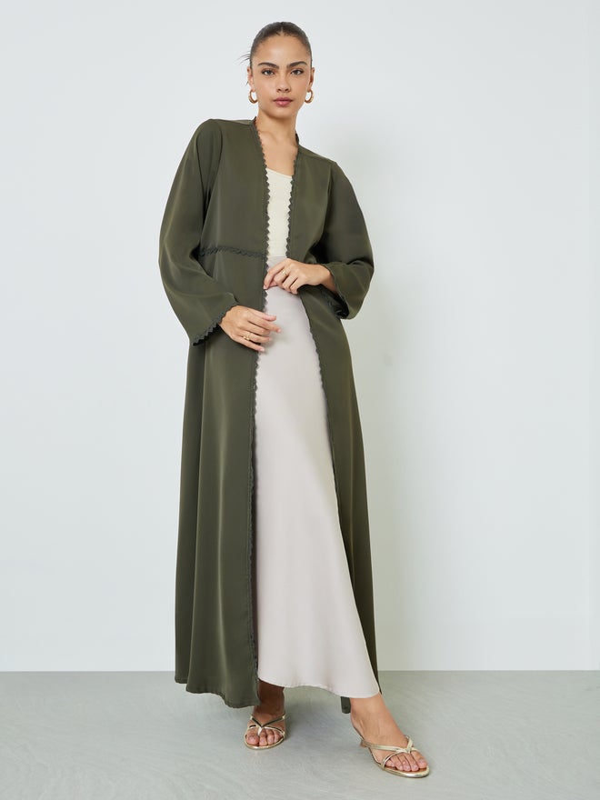 Styli Olive Front Open Abaya with Lace Trim - Image 1