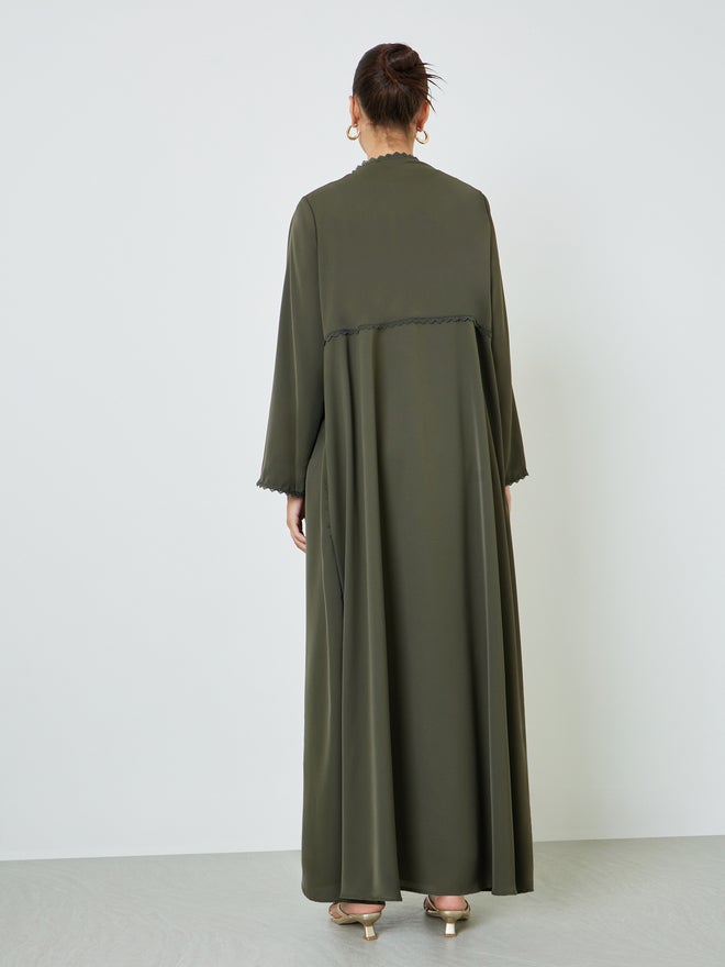 Styli Olive Front Open Abaya with Lace Trim - Image 4