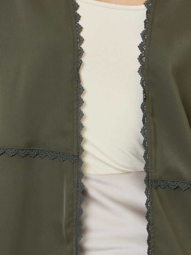 Styli Olive Front Open Abaya with Lace Trim - Image 3