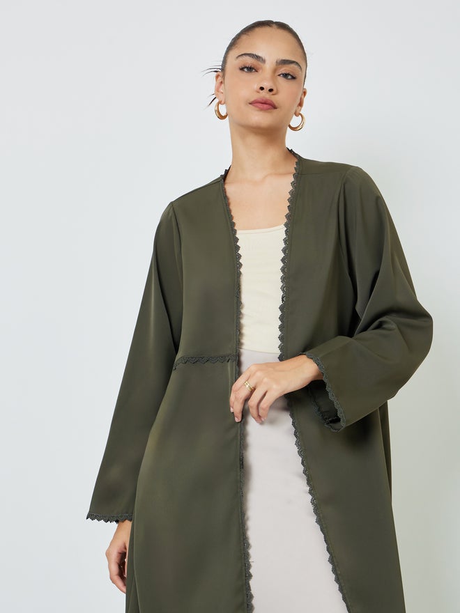 Styli Olive Front Open Abaya with Lace Trim - Image 2