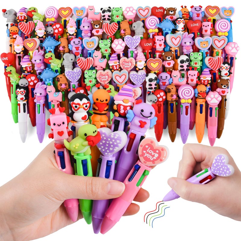 LiYiQ 100 Pcs Valentine's Day Animal Colorful Multicolor Pen in One Cartoon Cute Fun Cute Pens Bulk Kawaii Heart Capybara Frog Panda Shape Lovely Ballpoint Pens for Fun Gifts - Image 1