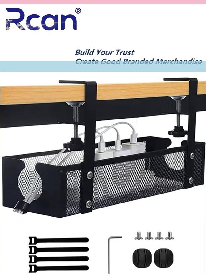 Rcan Under Desk Cable Management Tray No Drill Steel Cord Management Under Desk Wire Box Adjustable Desk Cable Organizer No Damage to Desk Standing Desk Cable Management for Office and Home - Image 1