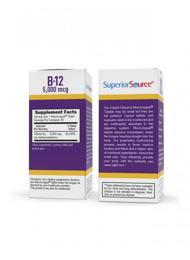 Superior Source - Superior Source No Shot Vitamin B12 Methylcobalamin 5000 mcg, Quick Dissolve MicroLingual Tablets, 60 Count, Active Form of B12, Supports Energy Production, Nervous System Support, Non-GMO - Image 1
