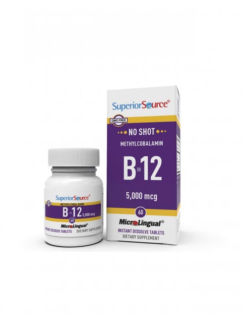 Superior Source No Shot Vitamin B12 Methylcobalamin 5000 mcg, Quick Dissolve MicroLingual Tablets, 60 Count, Active Form of B12, Supports Energy Production, Nervous System Support, Non-GMO