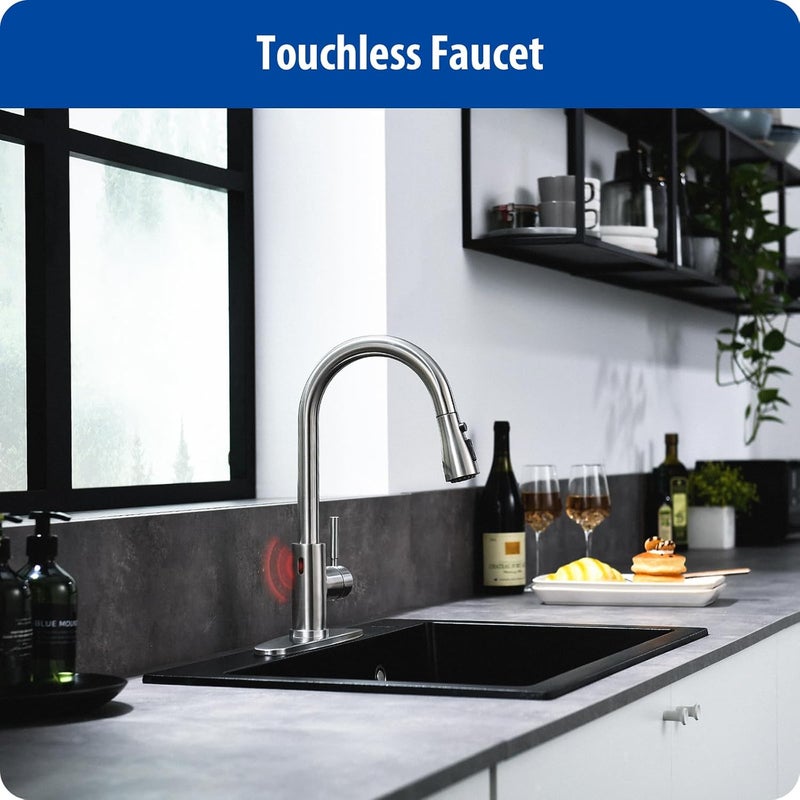 WEWE Touchless Kitchen Faucet with Pull Down Sprayer - Single Handle Kitchen Faucets Smart Motion Sensor Stainless Steel Brushed Nickel Sink Faucet - Image 2