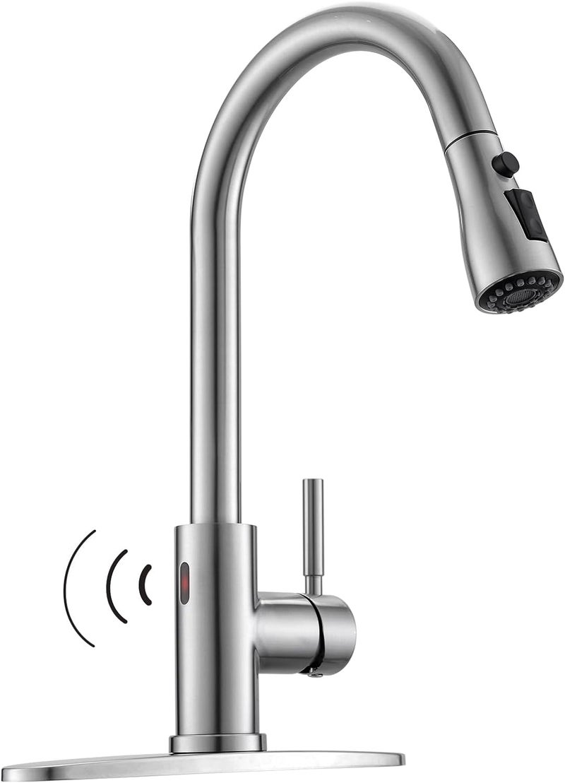 WEWE Touchless Kitchen Faucet with Pull Down Sprayer - Single Handle Kitchen Faucets Smart Motion Sensor Stainless Steel Brushed Nickel Sink Faucet - Image 1