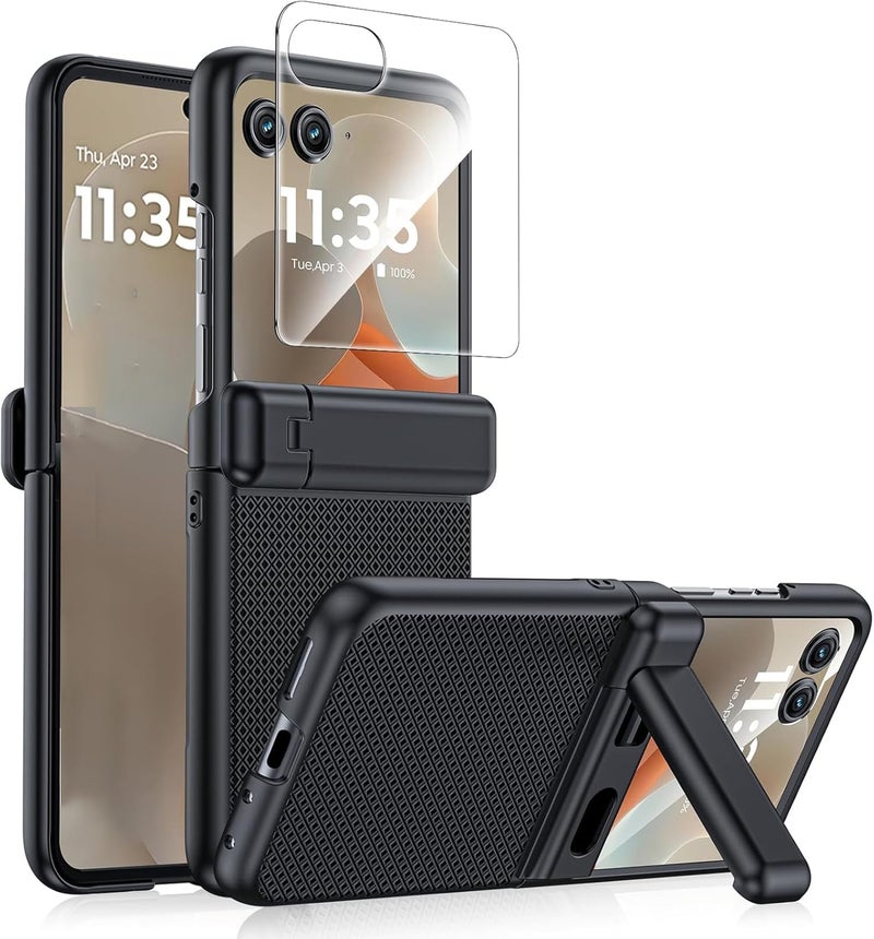 Kapa Textured Grip with Stand Hinge Protection Back Cover for Moto Razr 50 Ultra | with [Inbuilt Glass] Full Body Shockproof Hard Back Case (Black) - Image 1