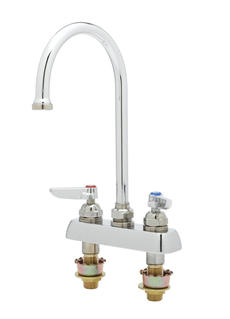 صنبور عمل TS Brass B1141XS B1141Xs مثبت على السطح بمراكز 4 إنش مع مقبض دوار على شكل عنق الإوز وعمودين 2 إنش مطلي بالكروم